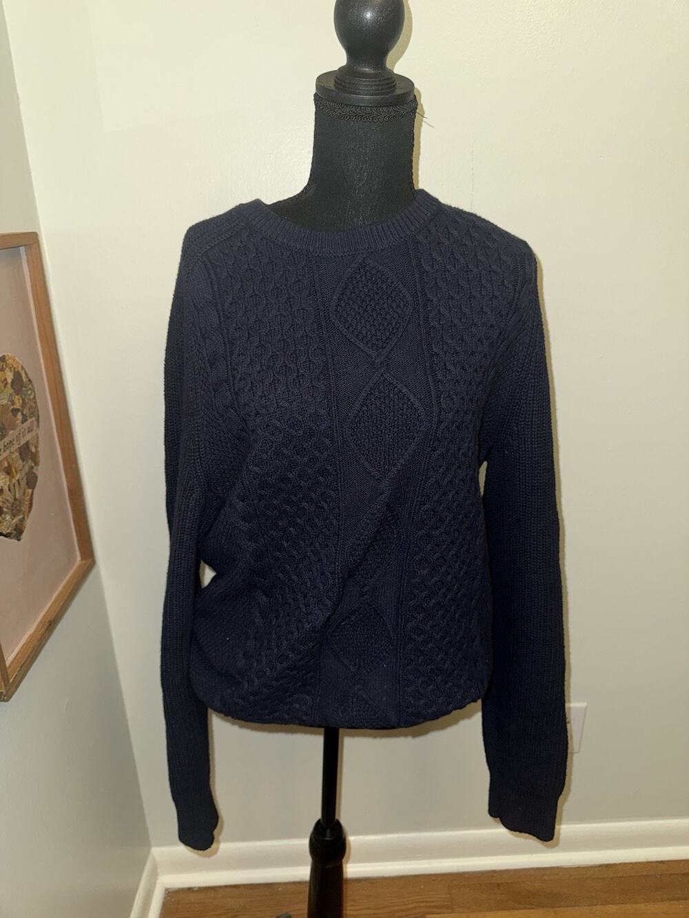 VTG GAP Sweater Men’s Medium Cable Fisherman Knit Navy Wool Blend Y2K
